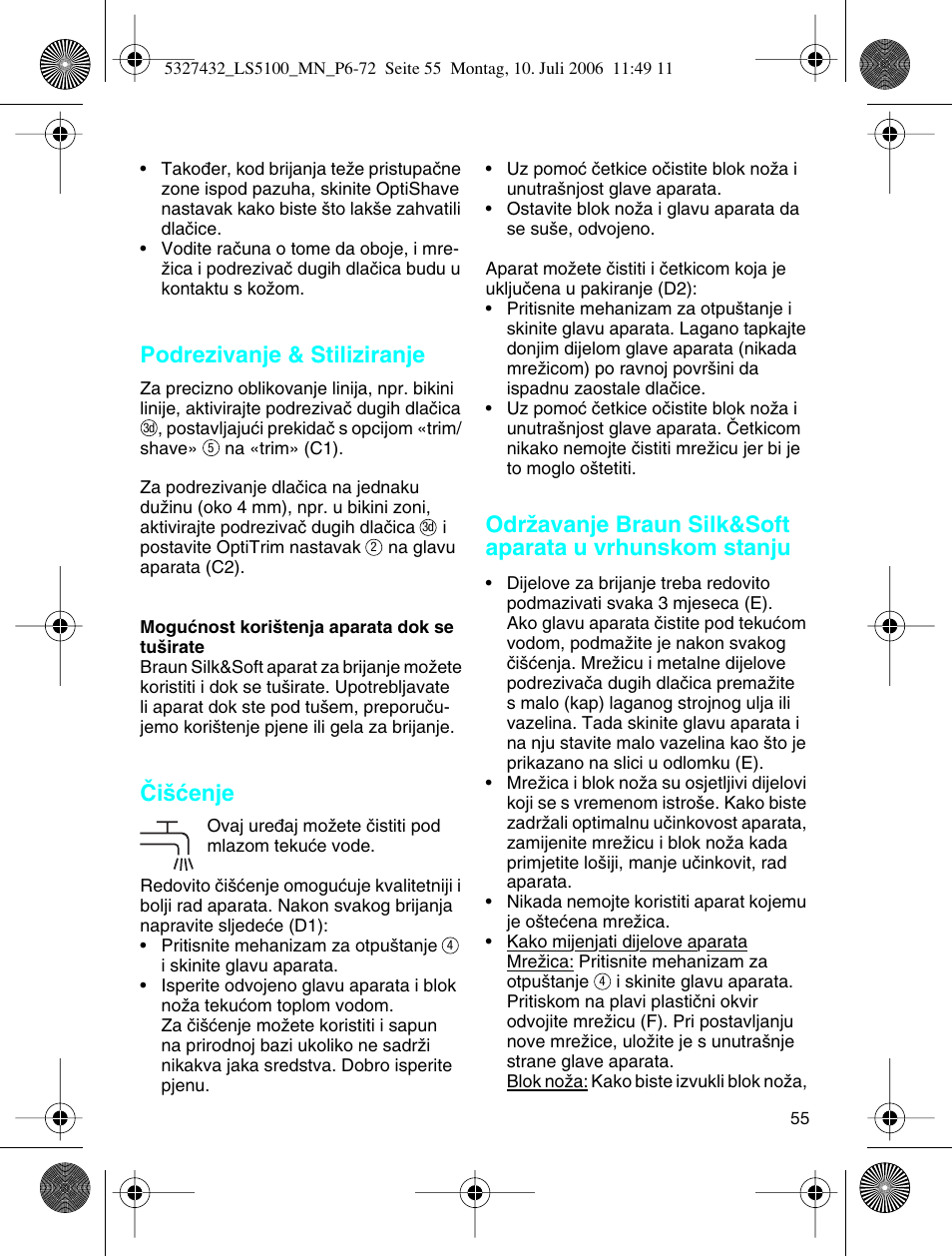 Podrezivanje & stiliziranje, Âi‰çenje | Braun LS 5100 User Manual | Page 54 / 66