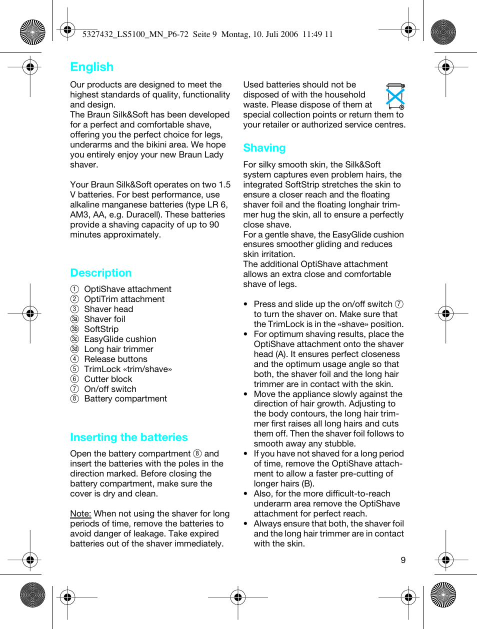 English, Description, Inserting the batteries | Shaving | Braun LS 5100 User Manual | Page 8 / 66