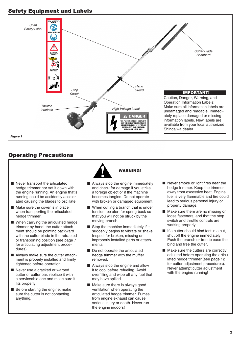 Safety equipment and labels, Operating precautions | Shindaiwa 62640-94313 User Manual | Page 3 / 20