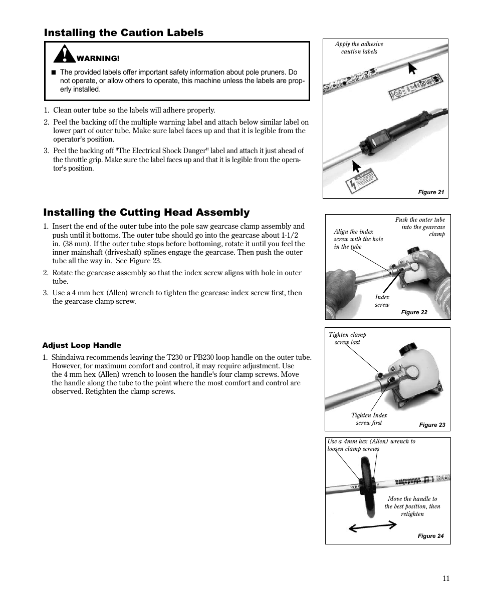 Installing the caution labels, Installing the cutting head assembly | Shindaiwa Multipurpose Pole Pruner Attachment 78701 T230 User Manual | Page 11 / 22