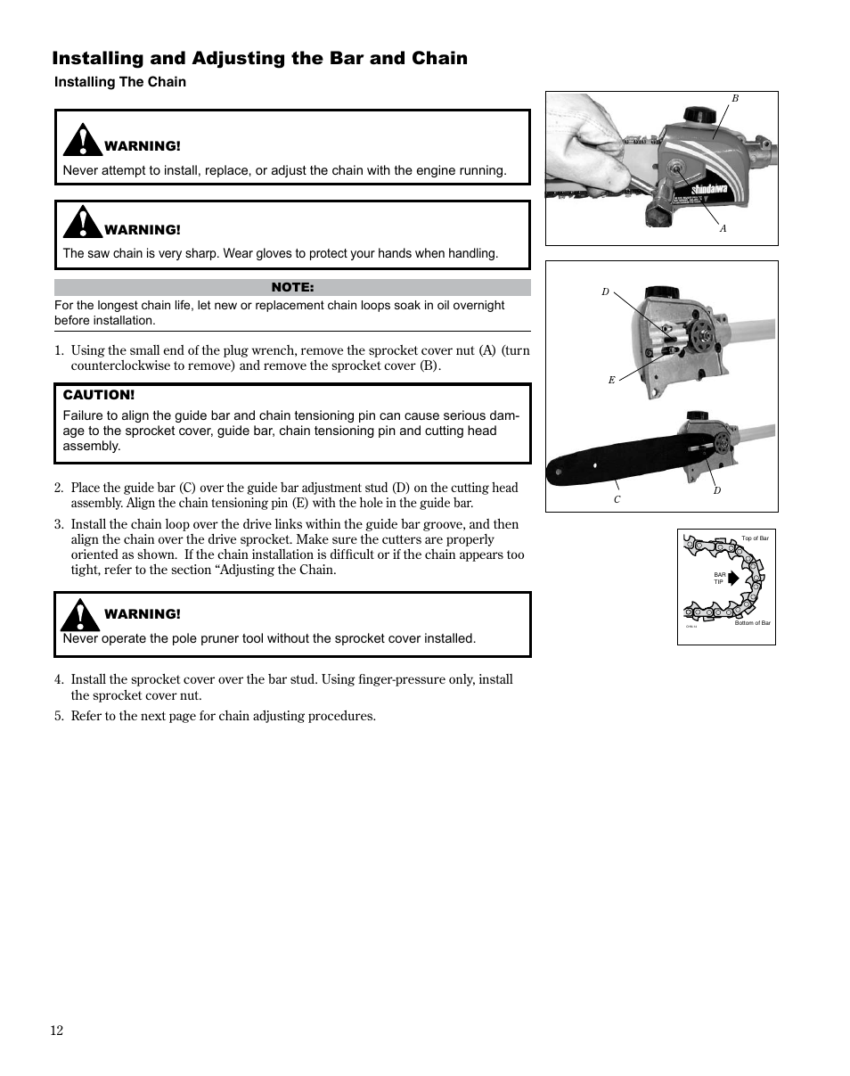 Installing and adjusting the bar and chain | Shindaiwa Multipurpose Pole Pruner Attachment 78701 T230 User Manual | Page 12 / 22