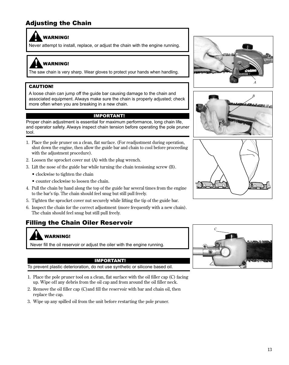 Filling the chain oiler reservoir, Adjusting the chain | Shindaiwa Multipurpose Pole Pruner Attachment 78701 T230 User Manual | Page 13 / 22