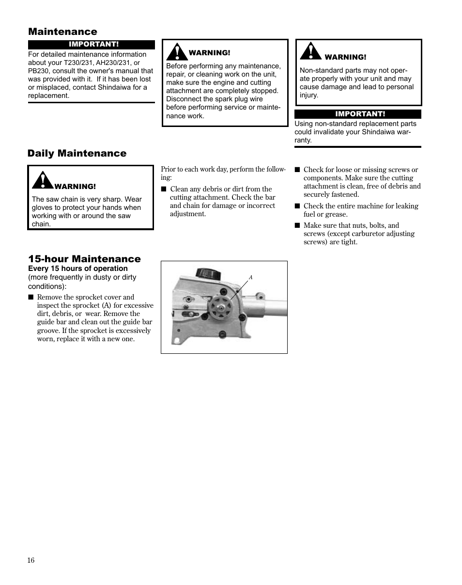 Maintenance, Daily maintenance, Hour maintenance | Shindaiwa Multipurpose Pole Pruner Attachment 78701 T230 User Manual | Page 16 / 22