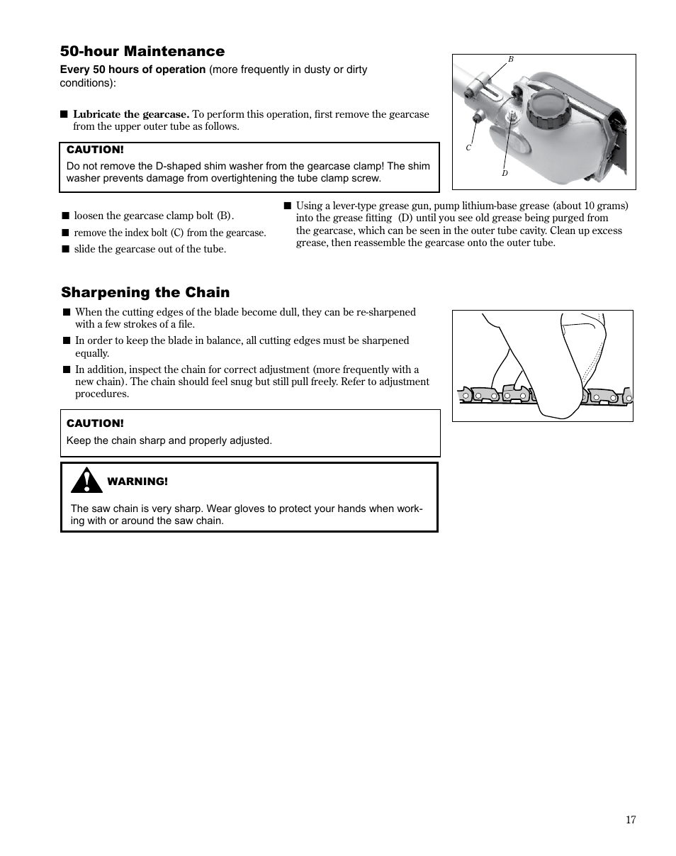 Hour maintenance, Sharpening the chain | Shindaiwa Multipurpose Pole Pruner Attachment 78701 T230 User Manual | Page 17 / 22