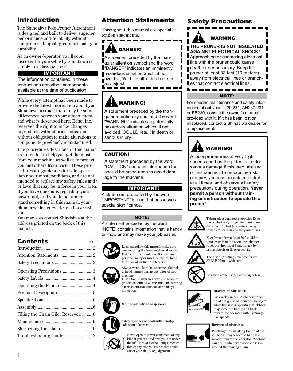 Shindaiwa Multipurpose Pole Pruner Attachment 78701 T230 User Manual | Page 2 / 22