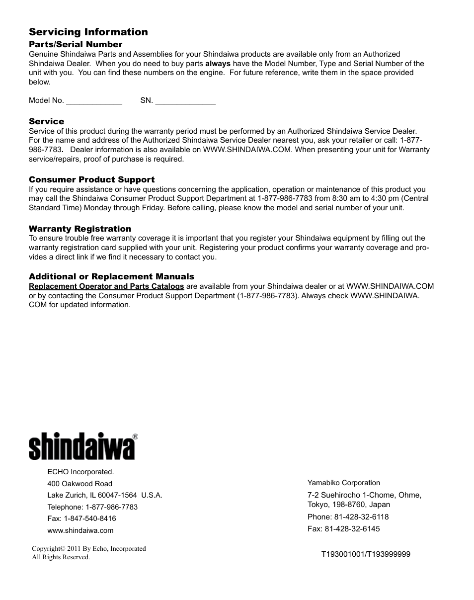 Servicing information | Shindaiwa Multipurpose Pole Pruner Attachment 78701 T230 User Manual | Page 22 / 22