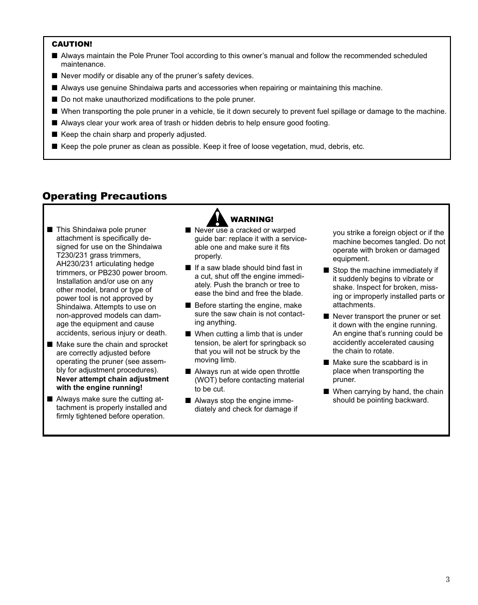 Operating precautions | Shindaiwa Multipurpose Pole Pruner Attachment 78701 T230 User Manual | Page 3 / 22