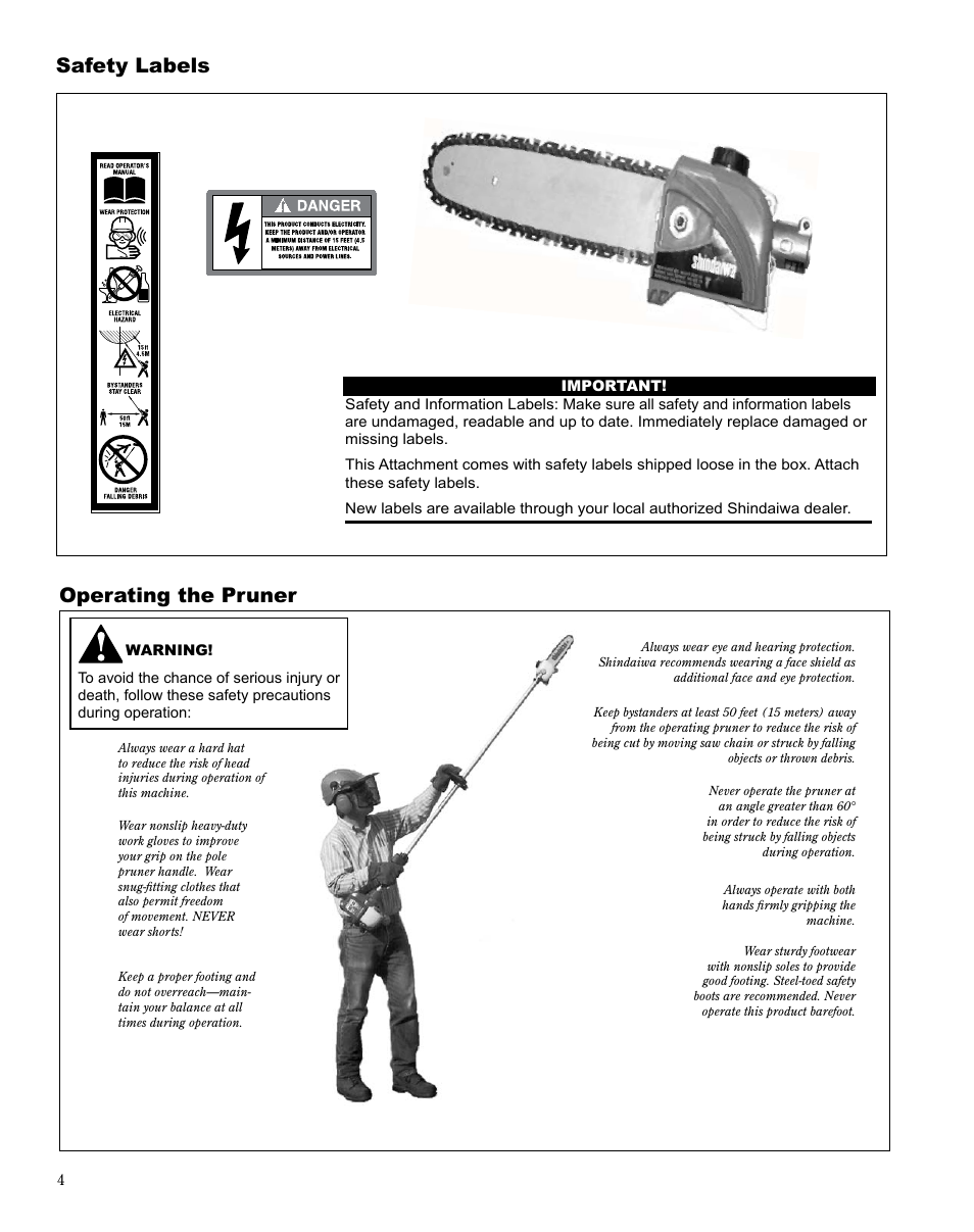 Safety labels, Operating the pruner | Shindaiwa Multipurpose Pole Pruner Attachment 78701 T230 User Manual | Page 4 / 22