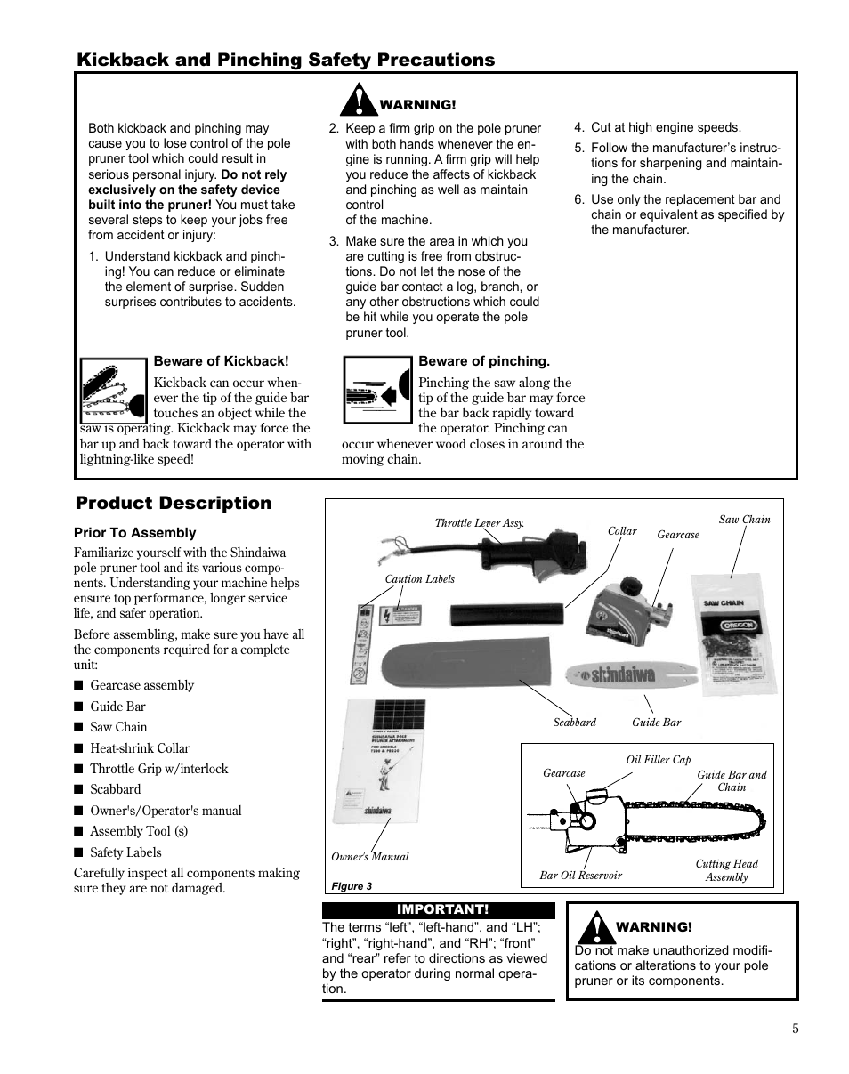 Product description, Kickback and pinching safety precautions | Shindaiwa Multipurpose Pole Pruner Attachment 78701 T230 User Manual | Page 5 / 22