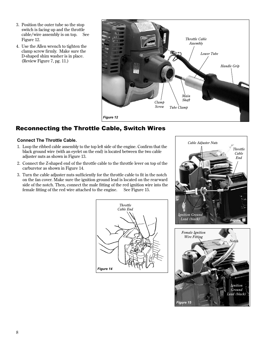 Reconnecting the throttle cable, switch wires | Shindaiwa Multipurpose Pole Pruner Attachment 78701 T230 User Manual | Page 8 / 22