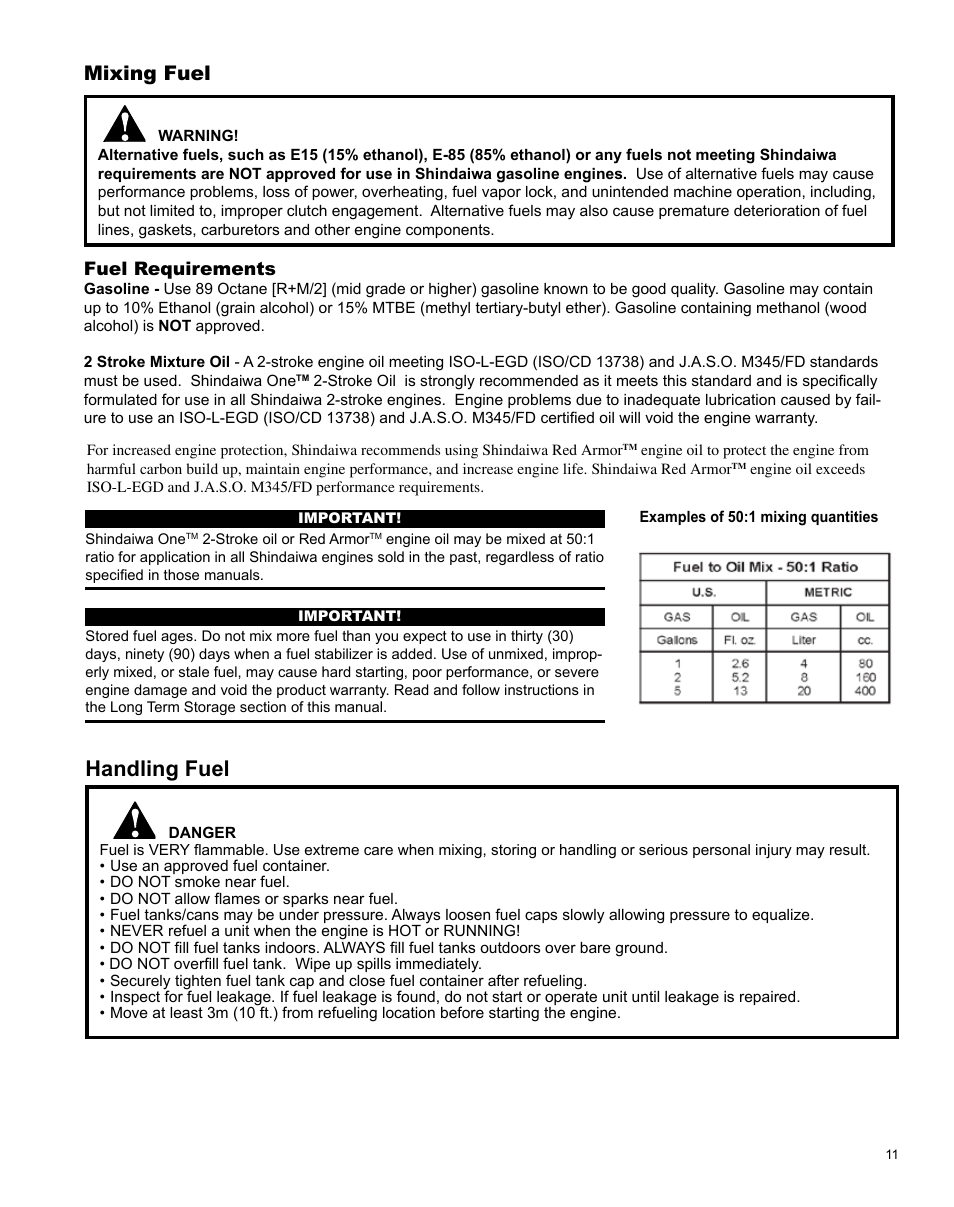 Handling fuel, Mixing fuel | Shindaiwa Articulated Hedge AHS242 User Manual | Page 11 / 28