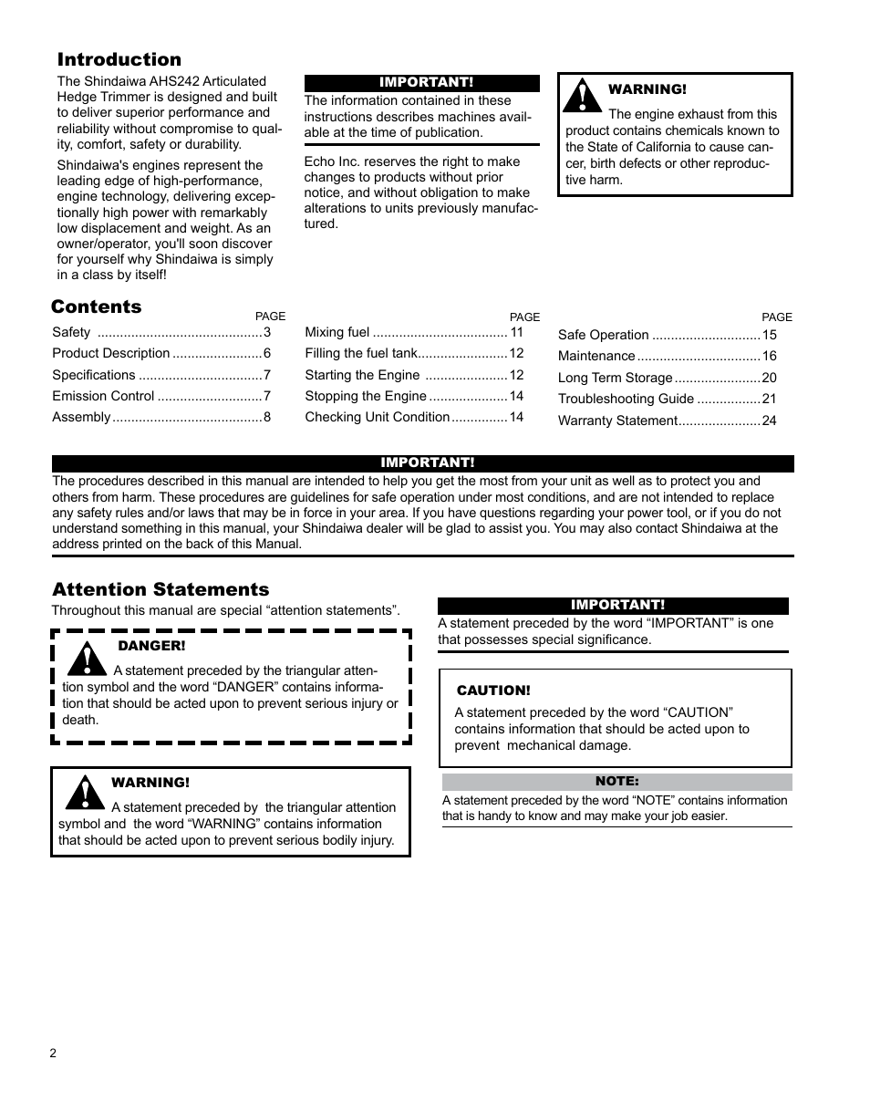 Shindaiwa Articulated Hedge AHS242 User Manual | Page 2 / 28