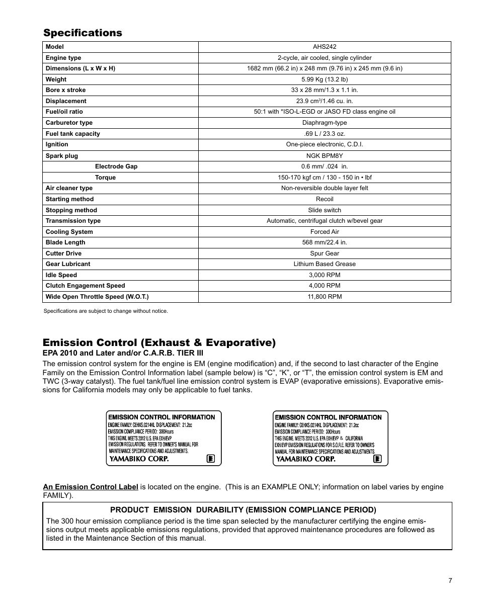 Specifications, Emission control (exhaust & evaporative) | Shindaiwa Articulated Hedge AHS242 User Manual | Page 7 / 28