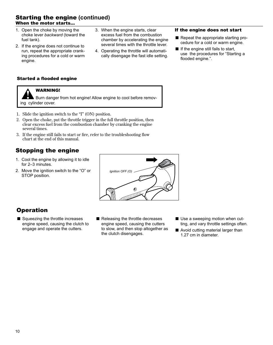 Starting the engine (continued), Stopping the engine, Operation | Shindaiwa X7502863700 User Manual | Page 10 / 24