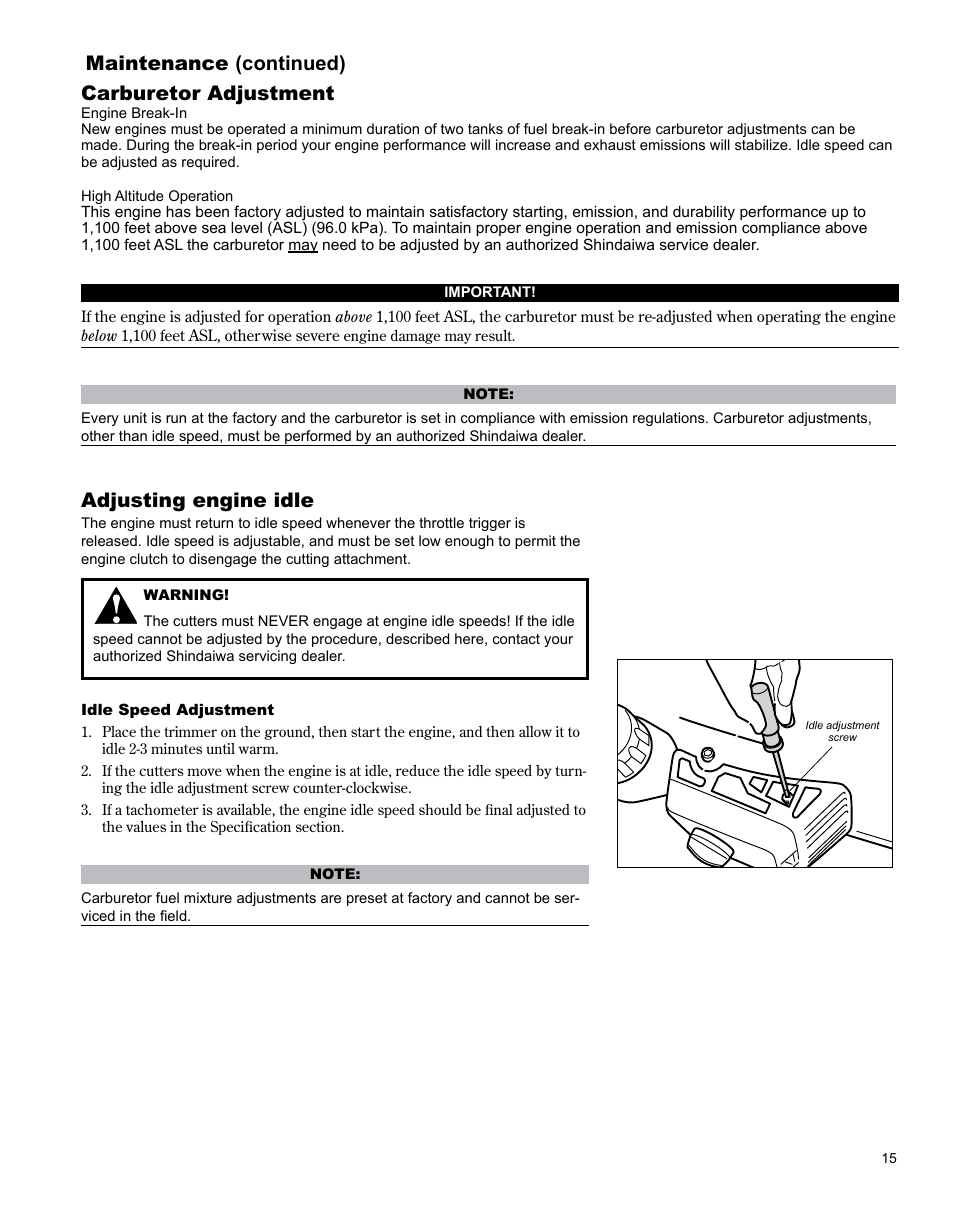 Maintenance (continued) carburetor adjustment, Adjusting engine idle | Shindaiwa X7502863700 User Manual | Page 15 / 24