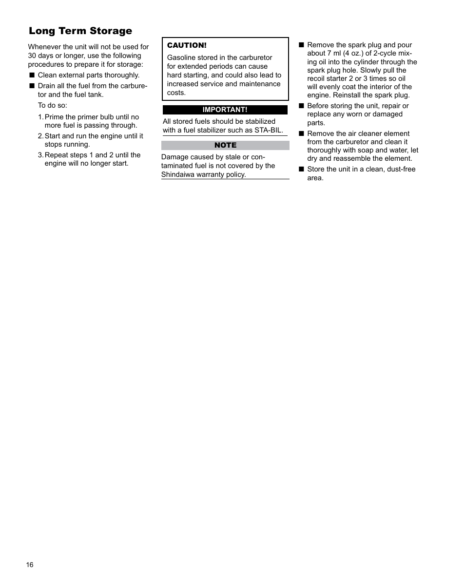 Long term storage | Shindaiwa X7502863700 User Manual | Page 16 / 24