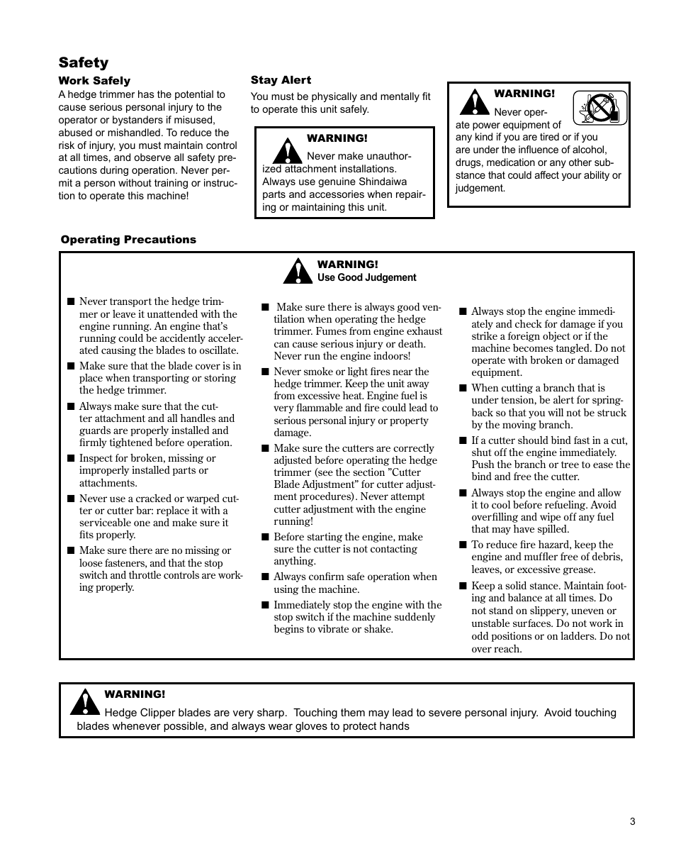 Safety | Shindaiwa X7502863700 User Manual | Page 3 / 24