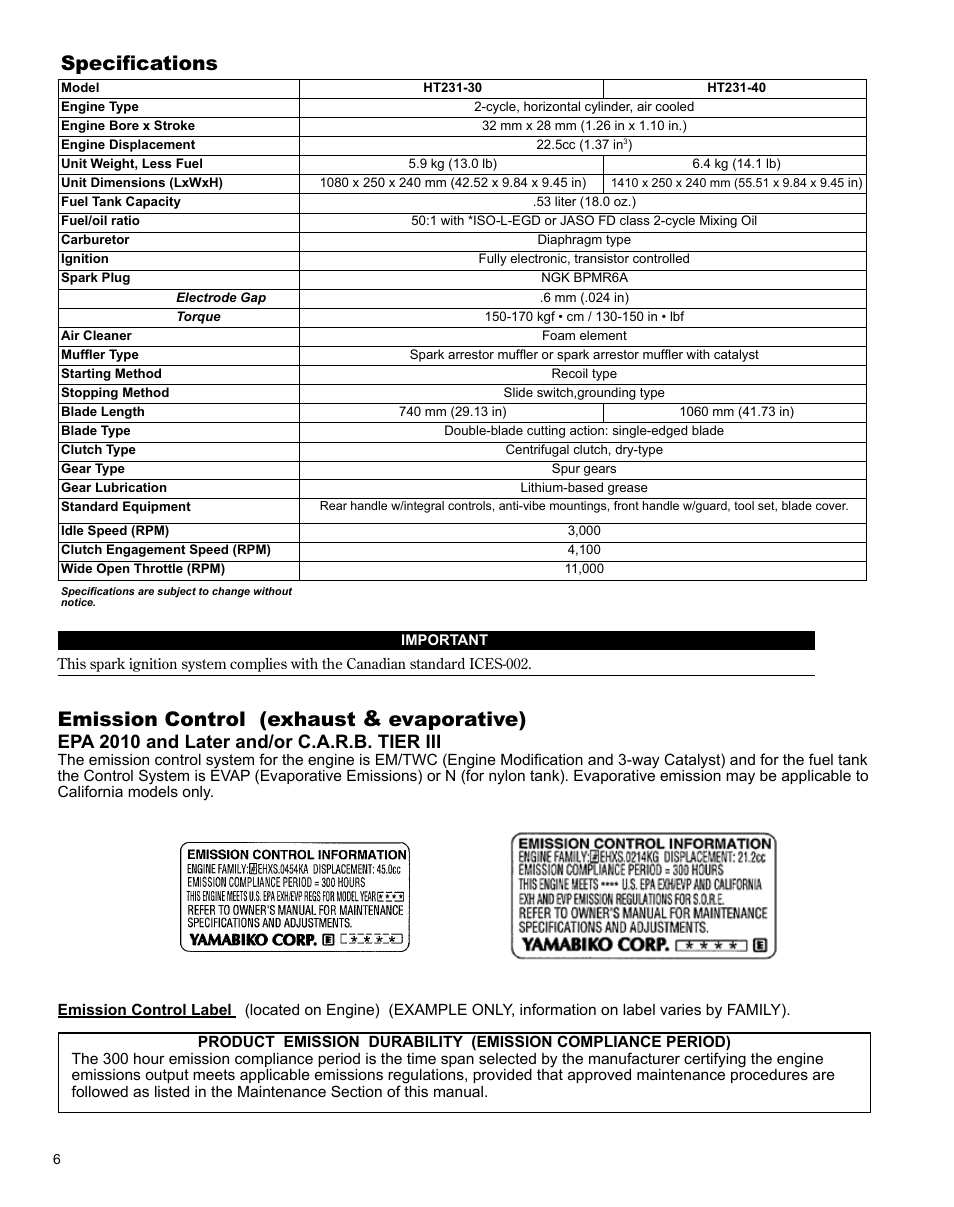 Specifications, Emission control (exhaust, Evaporative) | Epa 2010 and later and/or c.a.r.b. tier iii | Shindaiwa X7502863700 User Manual | Page 6 / 24