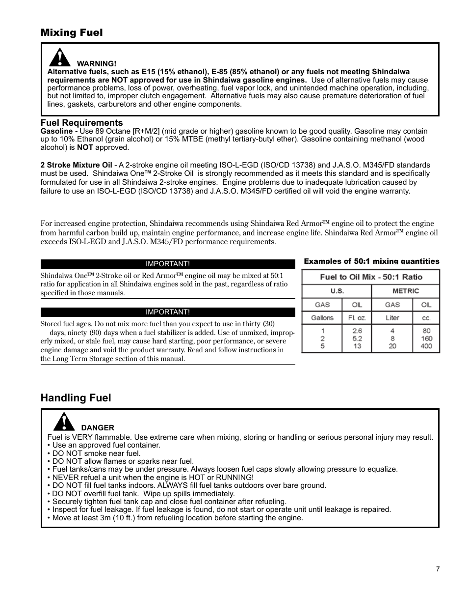 Handling fuel, Mixing fuel | Shindaiwa X7502863700 User Manual | Page 7 / 24