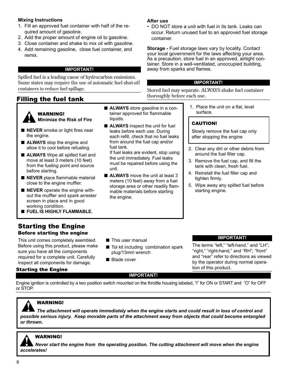 Filling the fuel tank, Starting the engine | Shindaiwa X7502863700 User Manual | Page 8 / 24