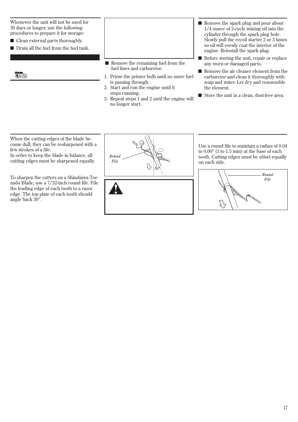 Long term storage, Blade sharpening | Shindaiwa 81359 User Manual | Page 17 / 40