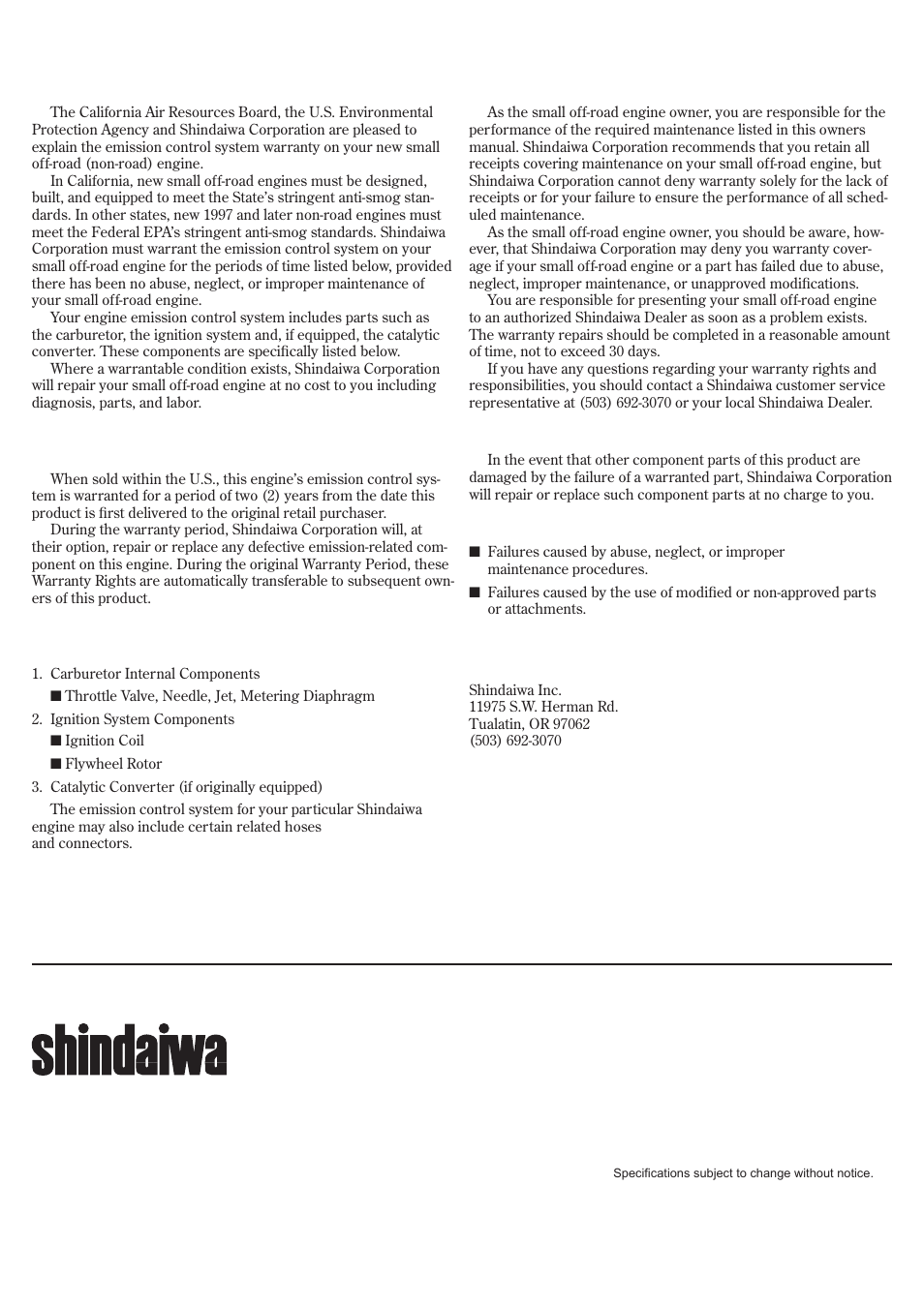 Emission system warranty statement | Shindaiwa 81359 User Manual | Page 20 / 40