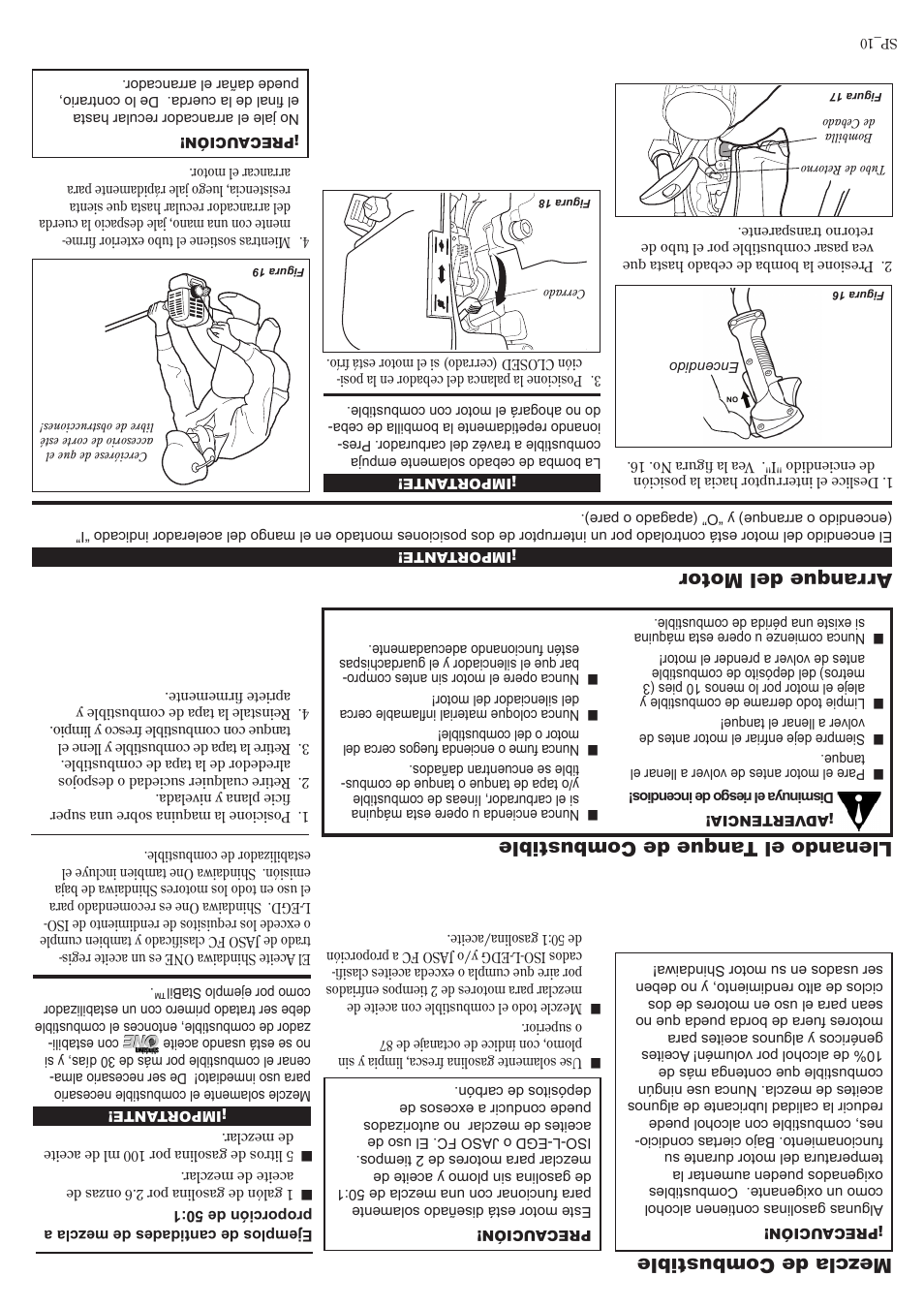 Arranque del motor, Mezcla de combustible, Llenando el tanque de combustible | Shindaiwa 81359 User Manual | Page 31 / 40