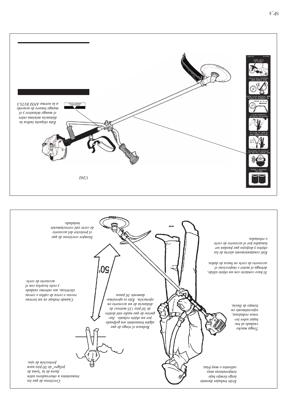 Esté alerta del ar ea de tra bajo, 50 píes. etiquetas de seguridad | Shindaiwa 81359 User Manual | Page 37 / 40