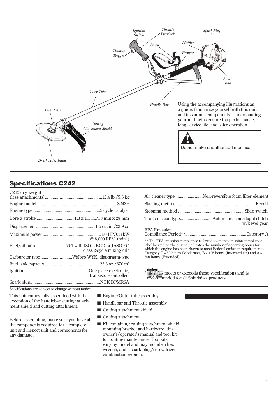 Product description, Specifications c242 | Shindaiwa 81359 User Manual | Page 5 / 40