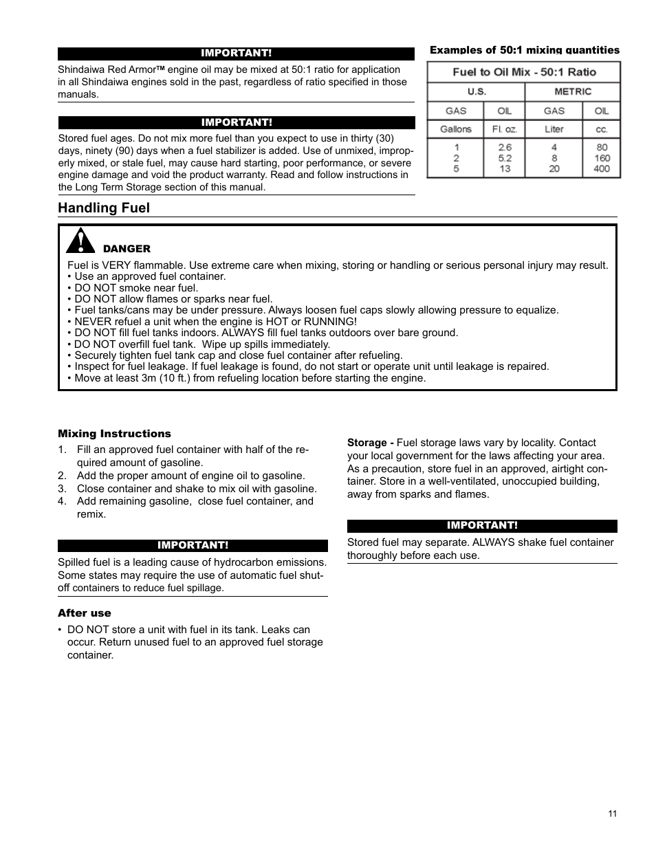 Handling fuel | Shindaiwa X7502831600 User Manual | Page 11 / 28