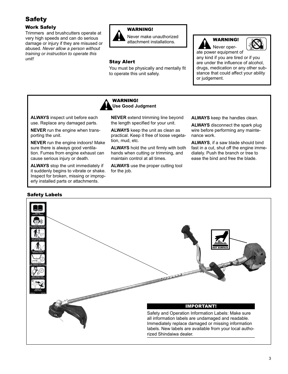 Safety | Shindaiwa X7502831600 User Manual | Page 3 / 28