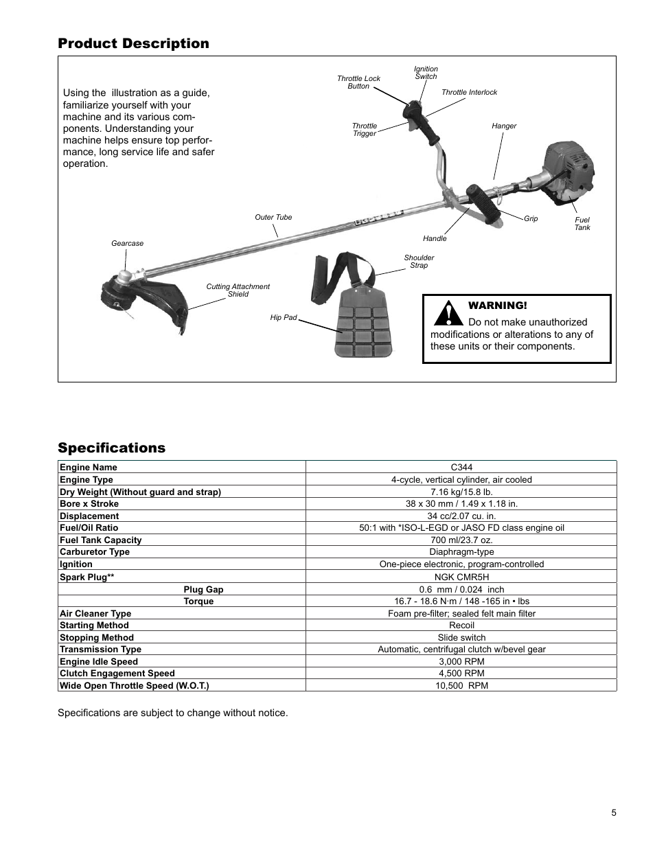 Product description, Specifications | Shindaiwa X7502831600 User Manual | Page 5 / 28