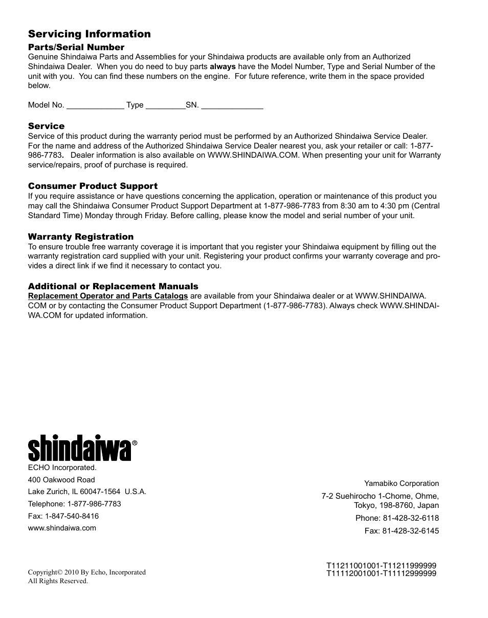 Servicing information | Shindaiwa X7502863000 User Manual | Page 24 / 24