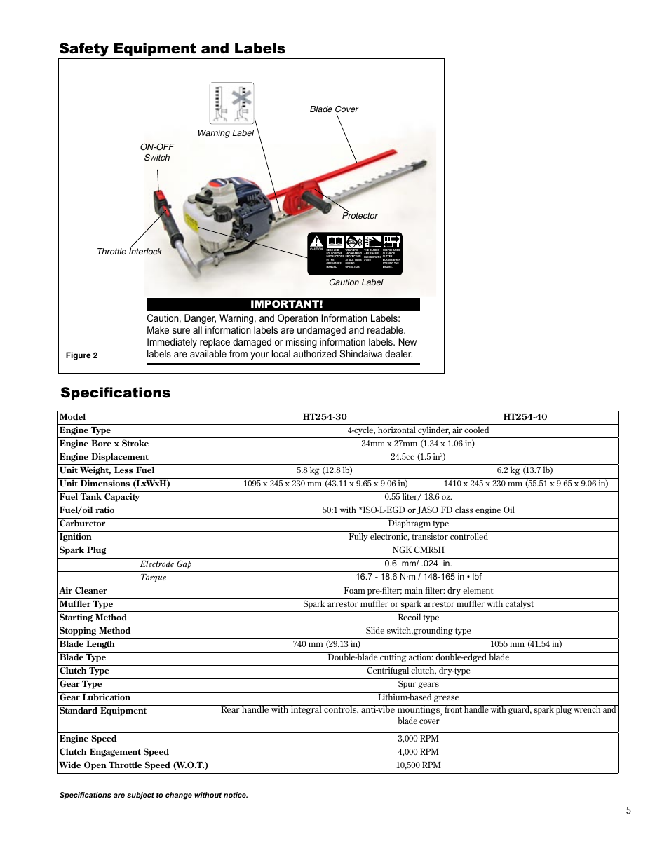 Safety equipment and labels, Specifications | Shindaiwa X7502863000 User Manual | Page 5 / 24