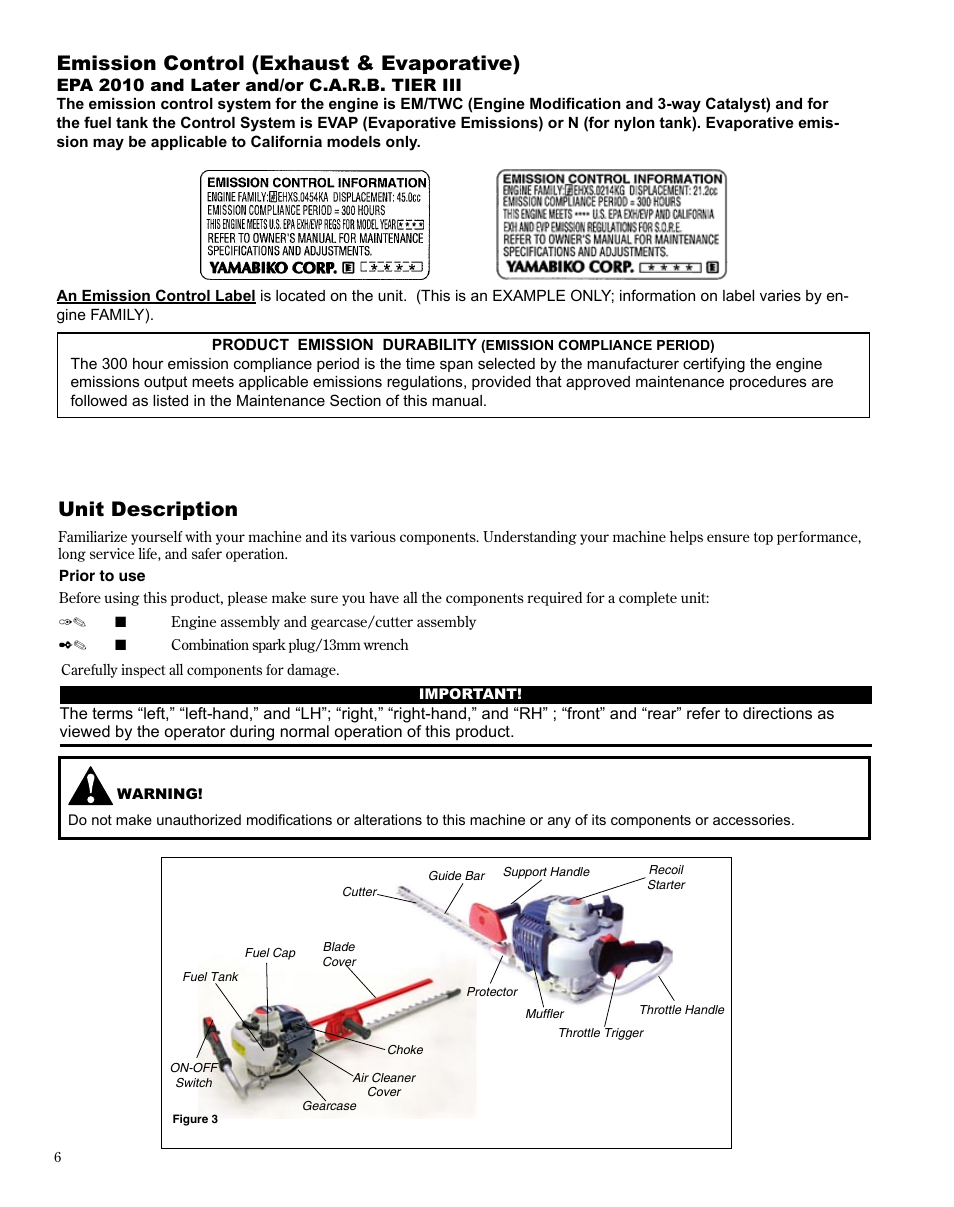 Unit description, Emission control (exhaust & evaporative) | Shindaiwa X7502863000 User Manual | Page 6 / 24