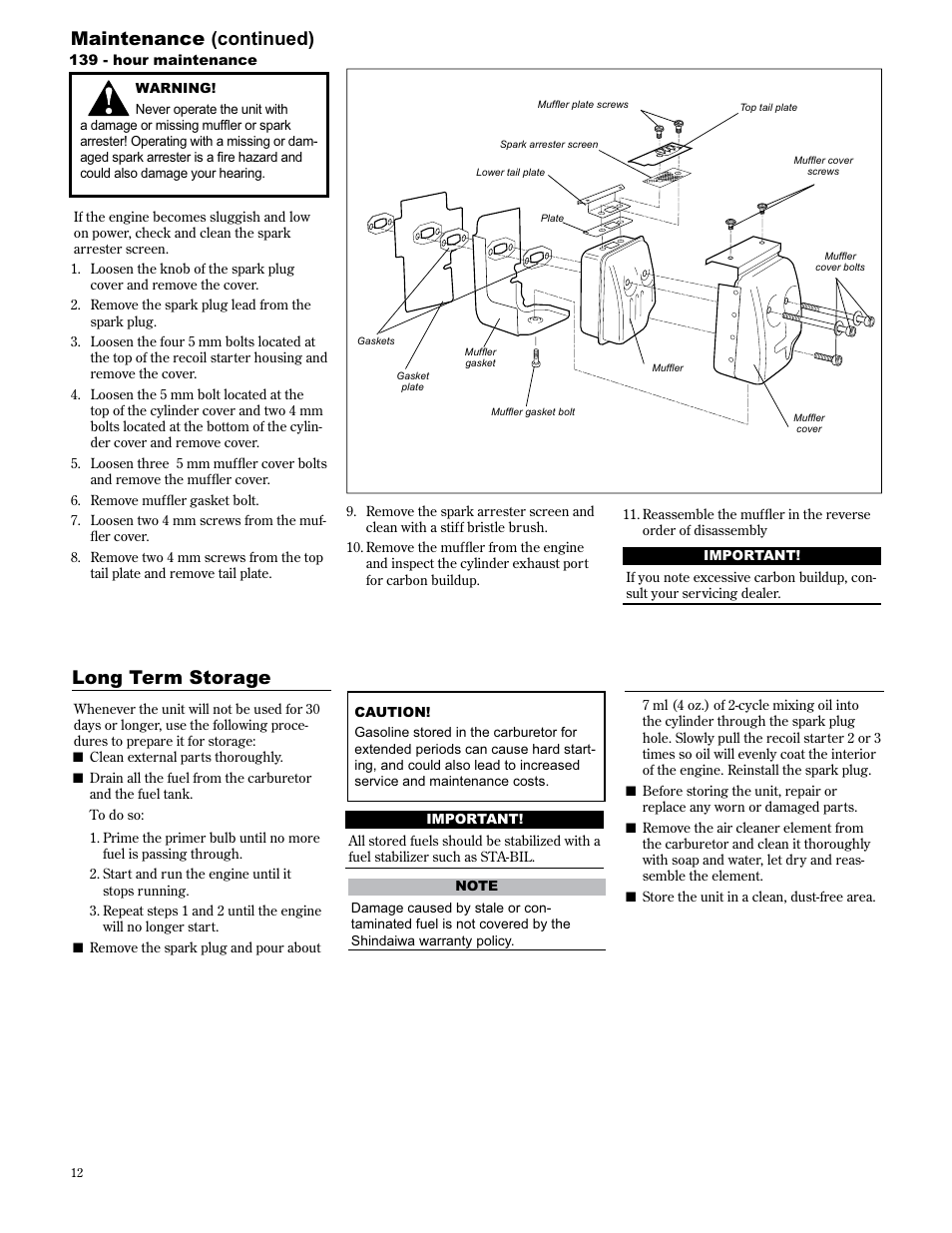 Maintenance (continued), Long term storage | Shindaiwa 89309 User Manual | Page 12 / 60