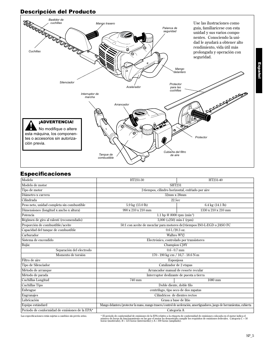 Descripción del producto, Vshflàfdflrqhv | Shindaiwa 89309 User Manual | Page 25 / 60