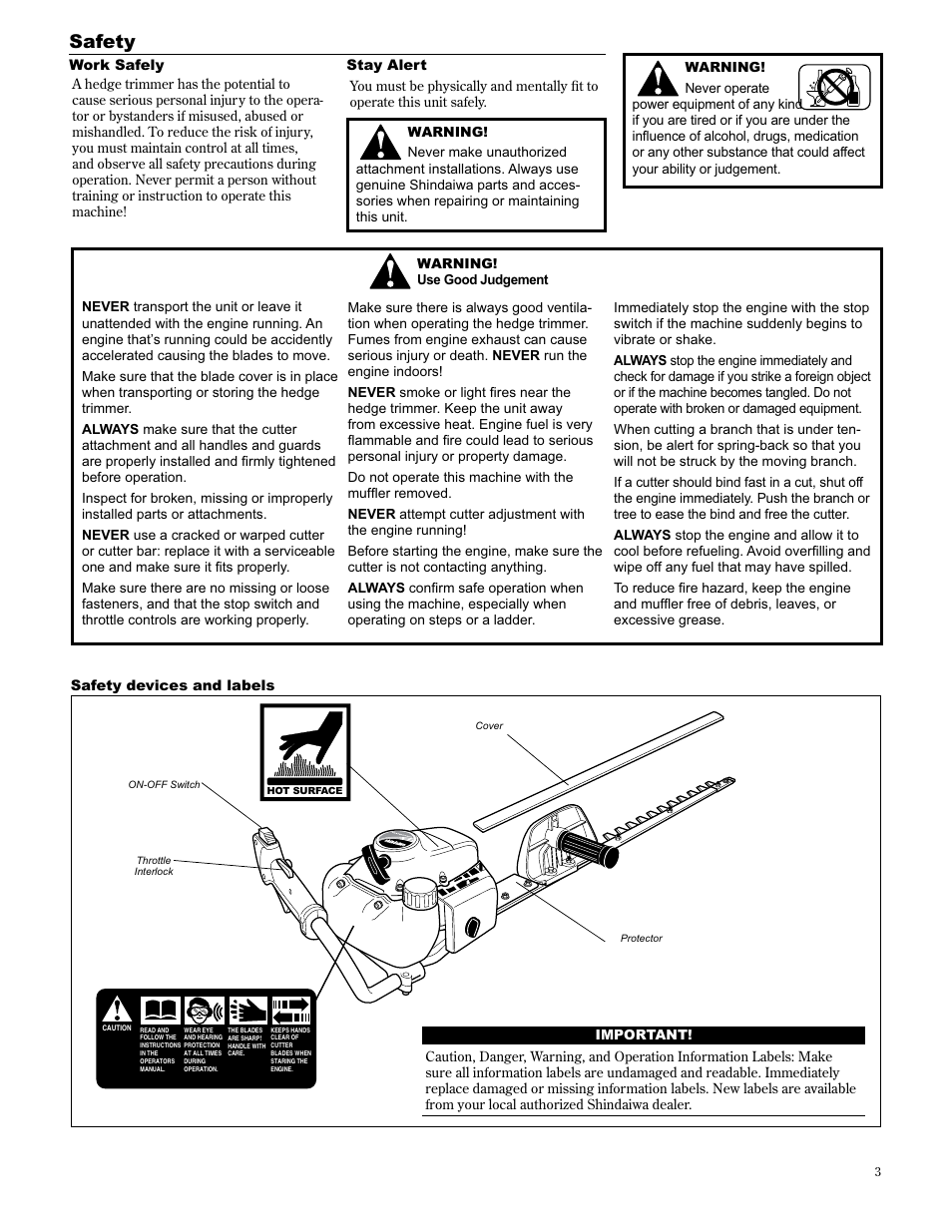 Safety | Shindaiwa 89309 User Manual | Page 3 / 60