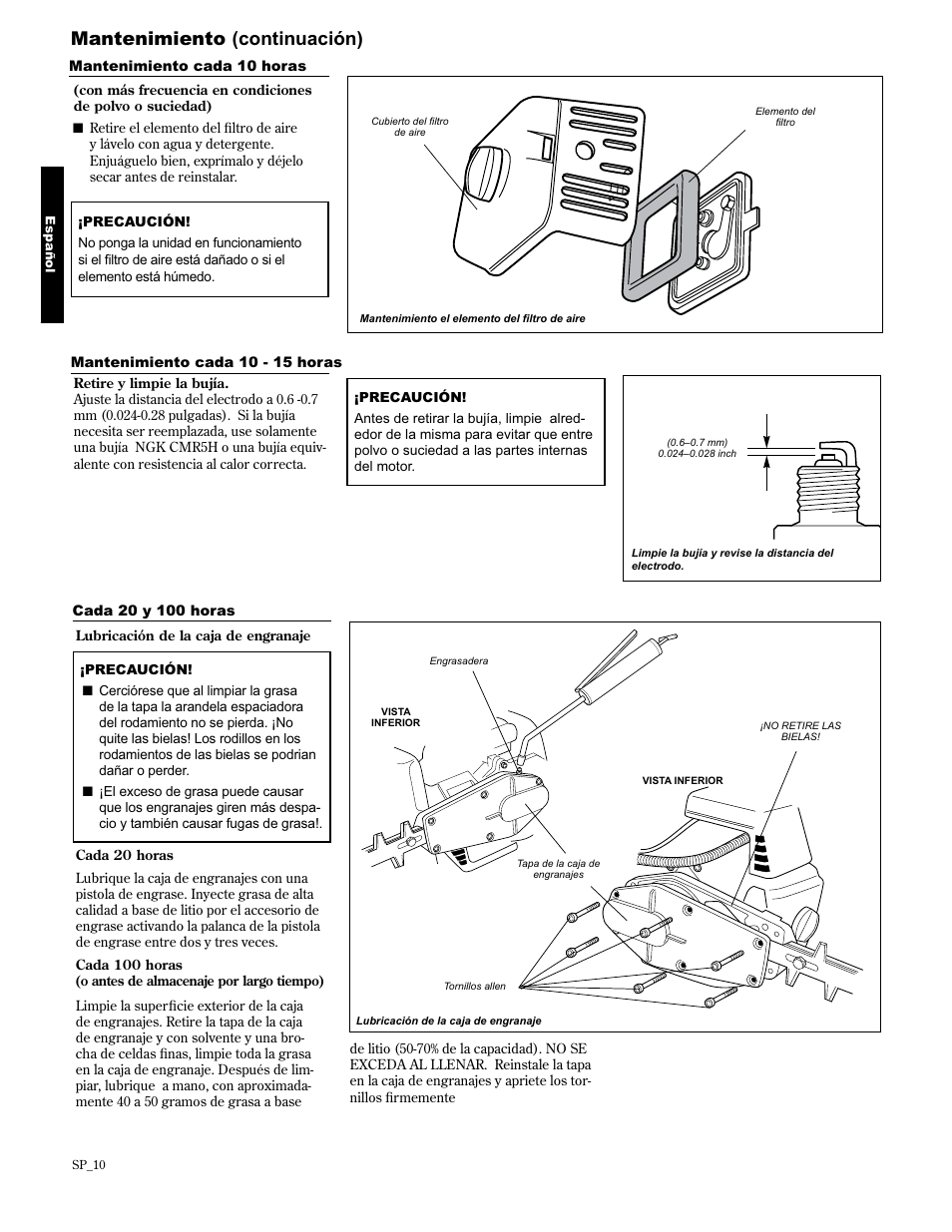 Mantenimiento (continuación) | Shindaiwa 89309 User Manual | Page 30 / 60