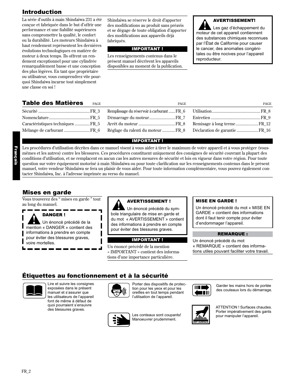 Introduction, Mises en garde | Shindaiwa 89309 User Manual | Page 42 / 60