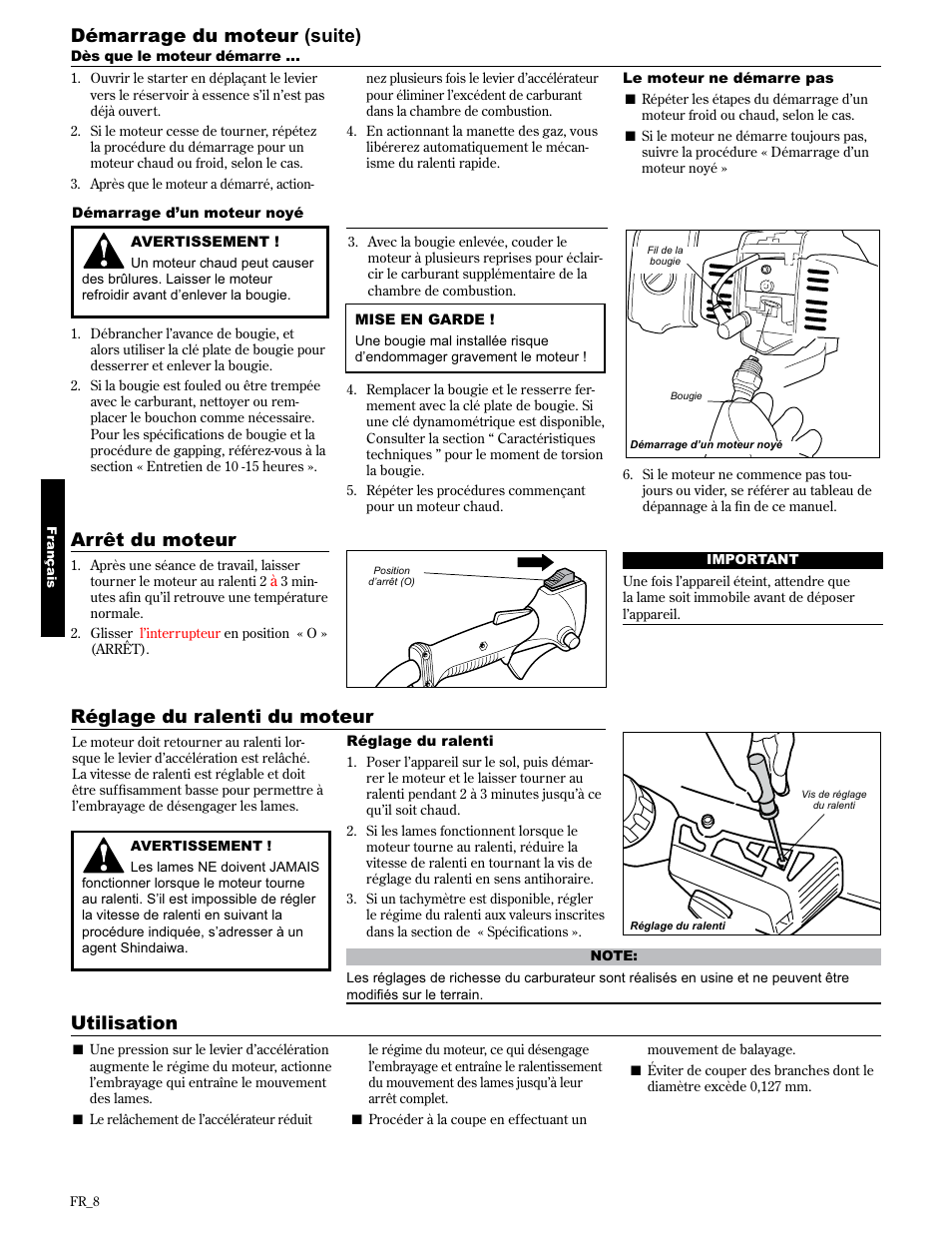 Arrêt du moteur réglage du ralenti du moteur, Utilisation démarrage du moteur (suite) | Shindaiwa 89309 User Manual | Page 48 / 60