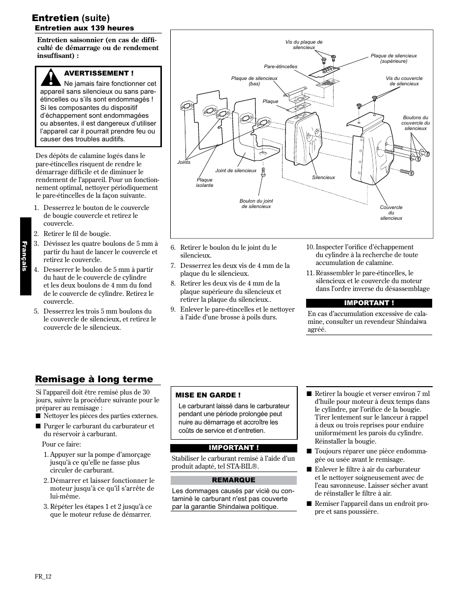 Entretien (suite), Remisage à long terme | Shindaiwa 89309 User Manual | Page 52 / 60