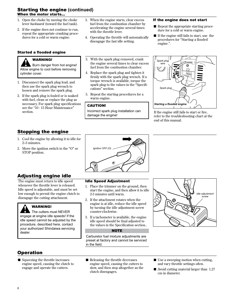 Stopping the engine adjusting engine idle, Operation starting the engine (continued) | Shindaiwa 89309 User Manual | Page 8 / 60