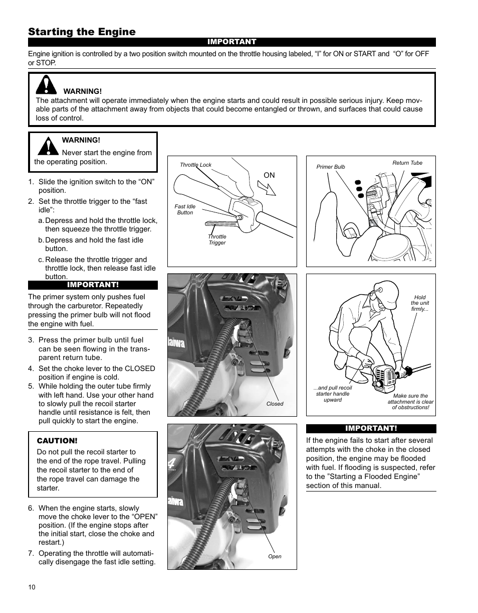 Starting the engine | Shindaiwa PowerBroom X7502891200 User Manual | Page 10 / 24