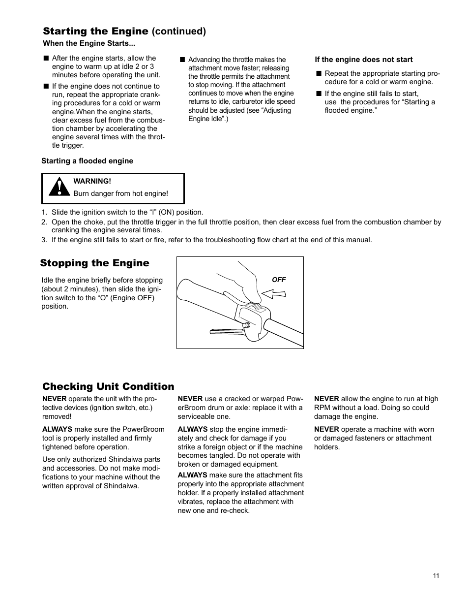 Stopping the engine, Checking unit condition, Starting the engine (continued) | Shindaiwa PowerBroom X7502891200 User Manual | Page 11 / 24