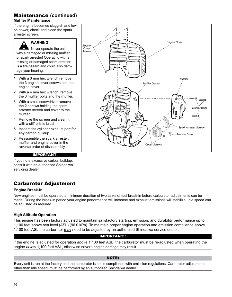 Maintenance (continued), Carburetor adjustment | Shindaiwa PowerBroom X7502891200 User Manual | Page 16 / 24