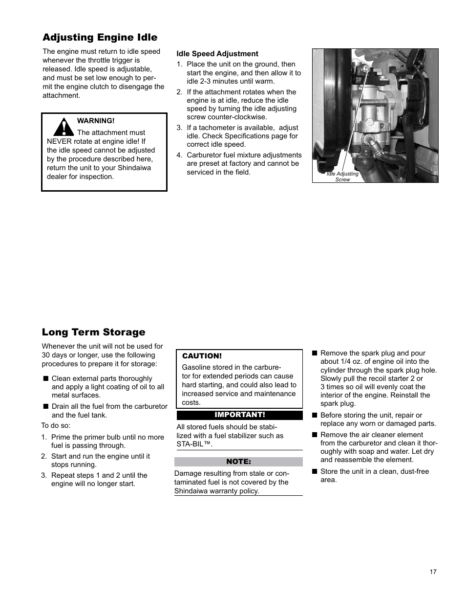 Adjusting engine idle, Long term storage | Shindaiwa PowerBroom X7502891200 User Manual | Page 17 / 24