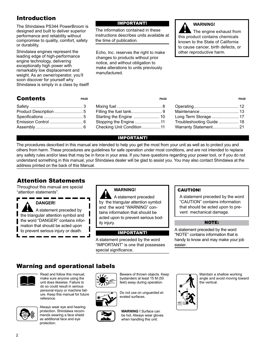 Shindaiwa PowerBroom X7502891200 User Manual | Page 2 / 24