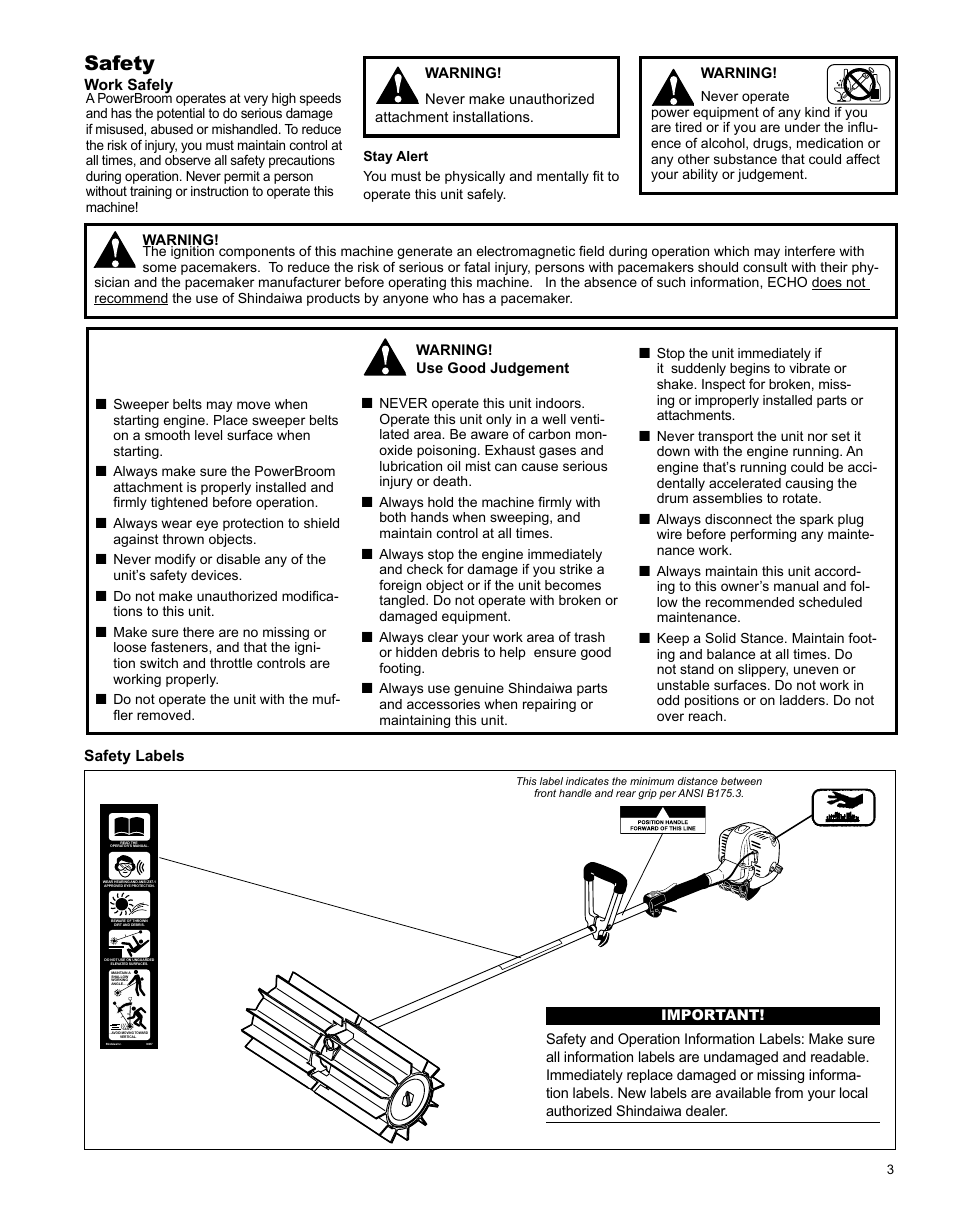 Safety | Shindaiwa PowerBroom X7502891200 User Manual | Page 3 / 24