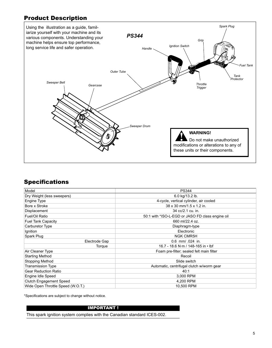 Product description, Specifications, Ps344 | Shindaiwa PowerBroom X7502891200 User Manual | Page 5 / 24